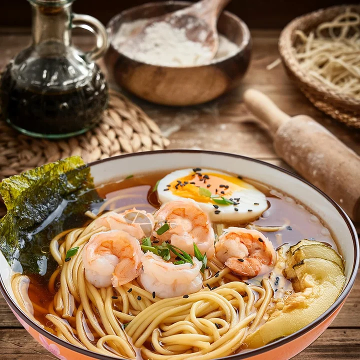 Noodle bowl with vegetables, shrimp and an egg